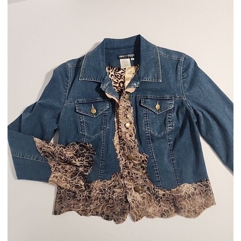 Vintage Nancy Bolen Silk Lined Jean Jacket With Lace Trim Boho Women's Size 6